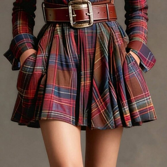 Brown Elegant Women's Plaid Shirt Dress with Cinched Waist - Picture 5 of 5